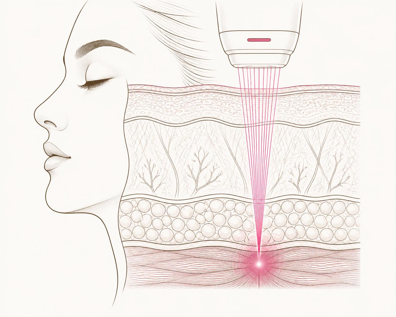 Cross-section illustration of the skin showing focused ultrasound energy passing through the surface layers and converging in the deep foundational layer