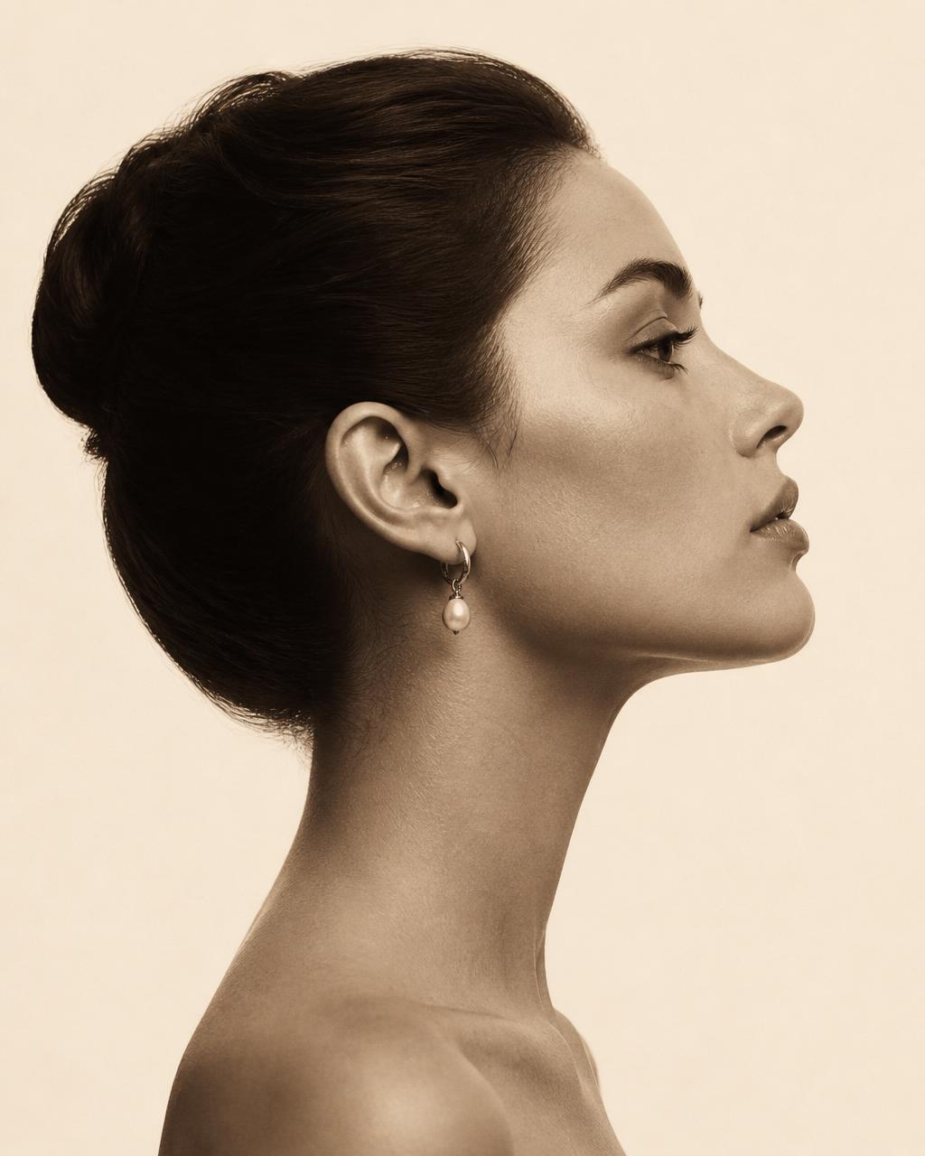 Right-facing profile of a woman's face and neck with the four areas Victoria treats marked: brow, jawline, under-chin and neck