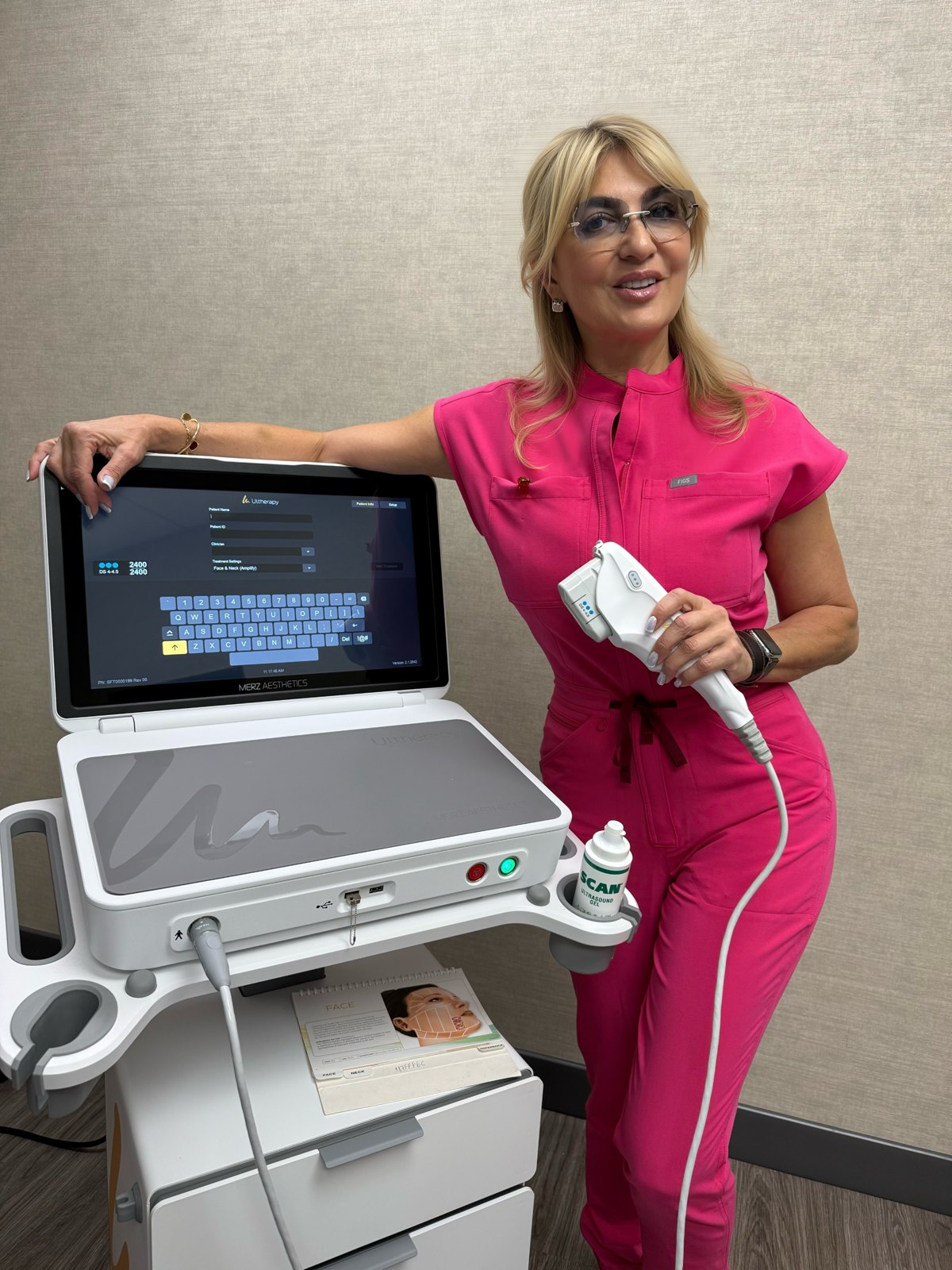Victoria Fedin beside the Ultherapy PRIME system by Merz Aesthetics